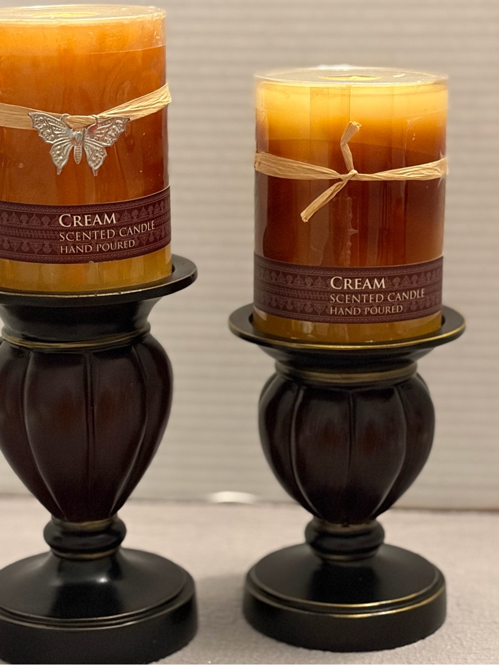 Vintage Turned Wood Pillar Candle Holders with "Cream" Scented Candles-Set of 2